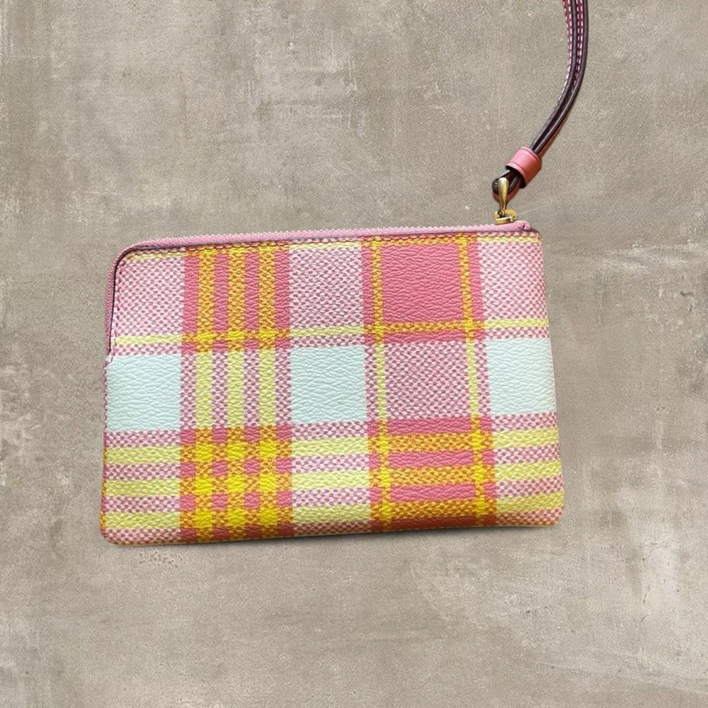 Coach Plaid Wristlet Pink Yellow Zip Pouch NWT